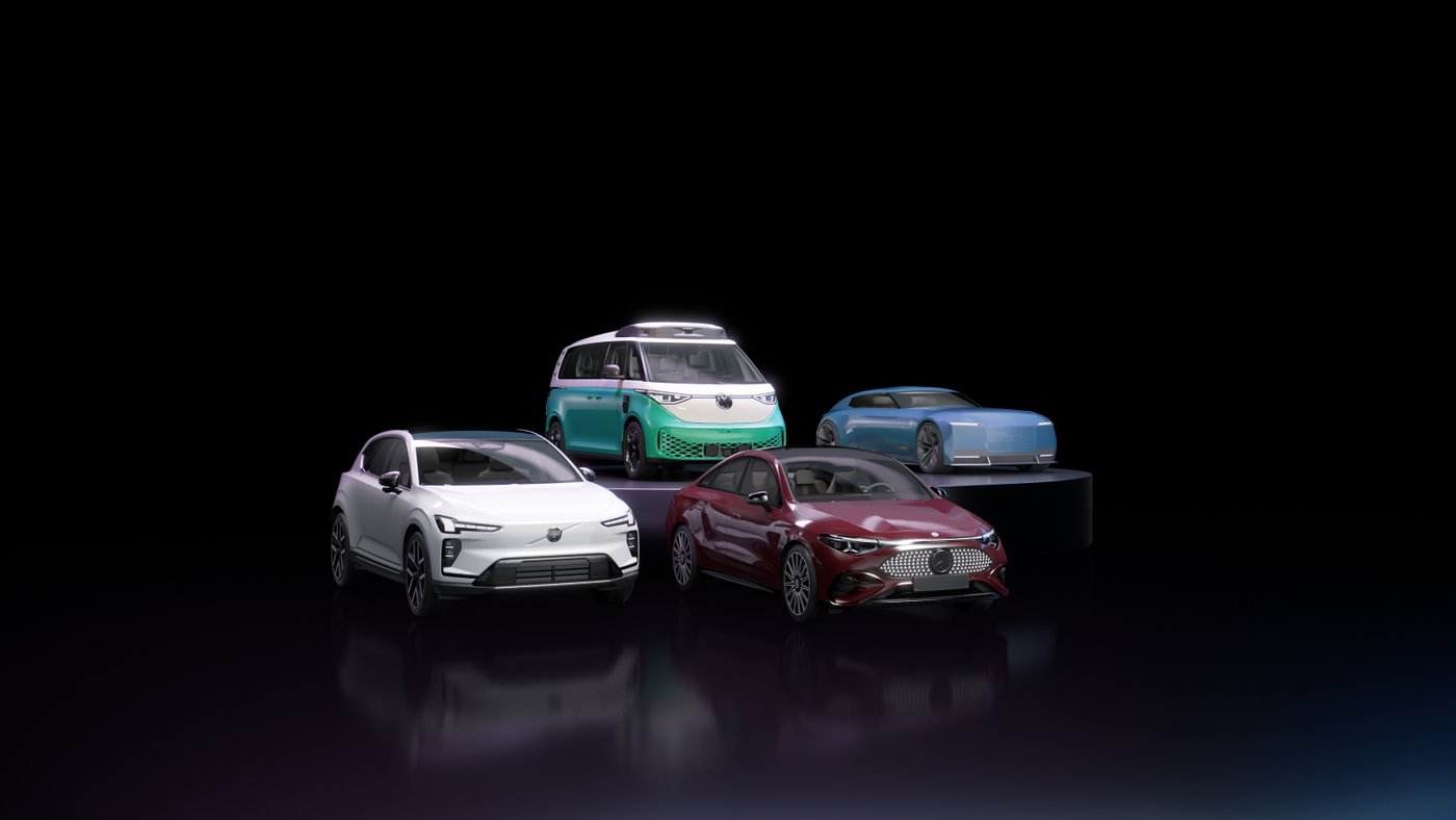 NVIDIA Hyperion için gösterilen dört Avrupa aracı: bir SUV, bir van, kırmızı bir sedan ve mavi bir konsept araç