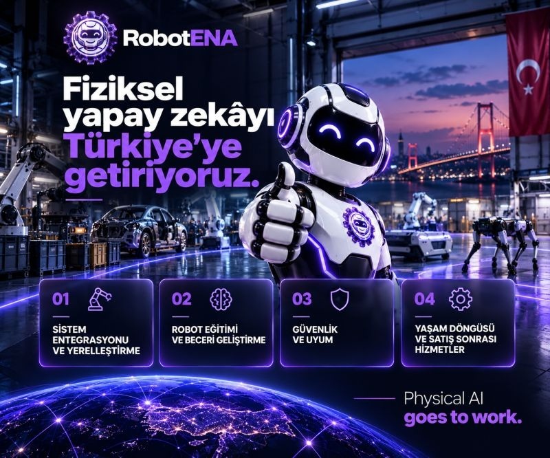 Fiziksel yapay zekâyı Türkiye'ye getiriyoruz yazan, sistem entegrasyonu ve yerelleştirme, robot eğitimi ve beceri geliştirme, güvenlik ve uyum ile yaşam döngüsü ve satış sonrası hizmetler olmak üzere dört sütunlu RobotENA görseli