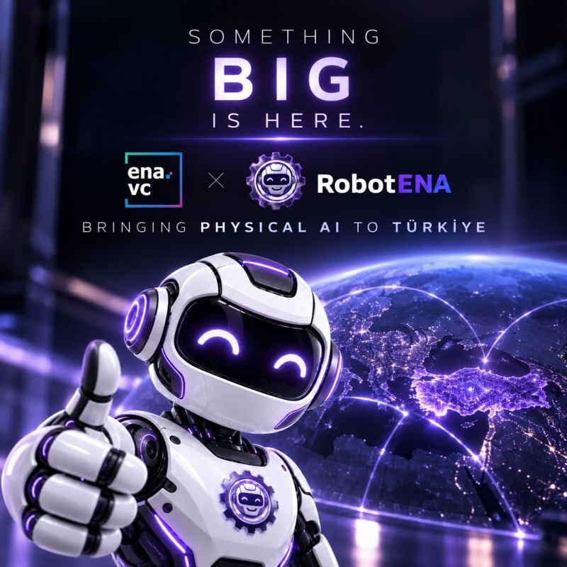 Büyük bir şey geliyor yazılı, ena.vc ve RobotENA logolarının ve Türkiye'ye odaklanmış parlayan bir dünya önünde başparmak gösteren sempatik bir robotun bulunduğu RobotENA duyuru görseli